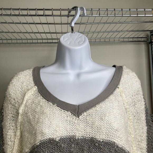 Elan Womens Cream Gray Striped Sweater Size L Slouchy Oversized Boho Lagom - Picture 8 of 13